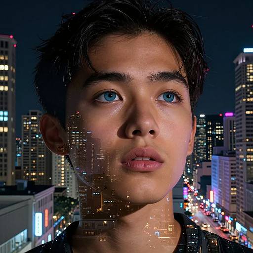 Photograph of an Asian young man with bright blue eyes, short black hair, and neutral expression, superimposed with city lights, standing in front