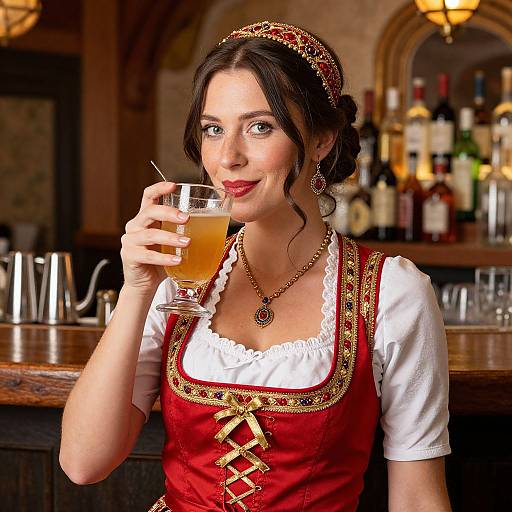 Woman in Red Dirndl Sipping Cocktail