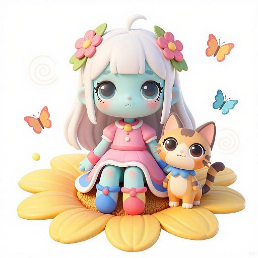 Cute Fantasy Girl and Cat on Yellow Flower