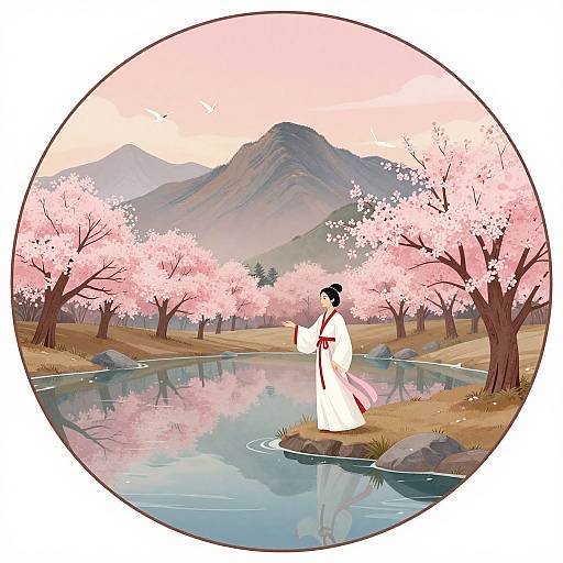 Digital illustration of a woman in a white kimono standing by a reflective pond, surrounded by pink cherry blossom trees, with a mountainous landscape in the