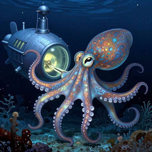 Bioluminescent Octopus and Submarine