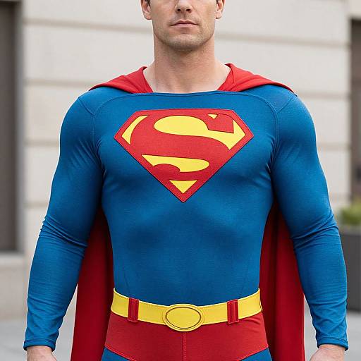 Photograph of a muscular man in a blue Superman costume with red cape, yellow belt, and red Superman emblem, standing outdoors.