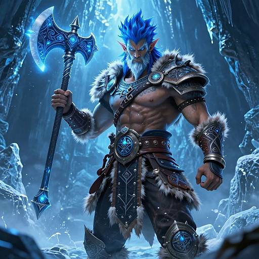 Digital fantasy artwork of a muscular, blue-haired, bearded warrior with glowing blue eyes and fur-trimmed armor, holding an ornate blue axe