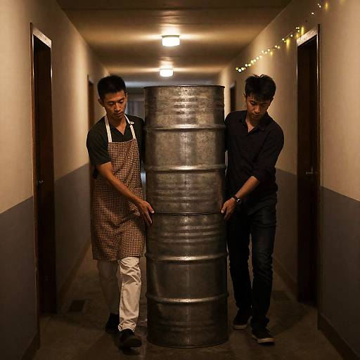 Men Carrying Barrel in Dim Hallway