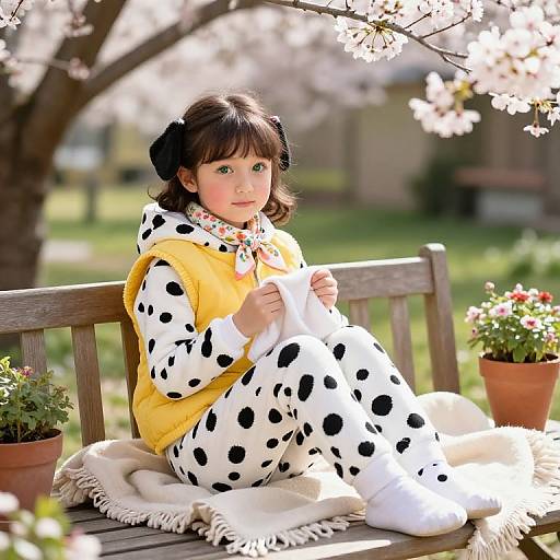 Photograph of a young Asian girl with dark hair in a Dalmatian costume, yellow vest, sitting on a wooden bench, surrounded by blo