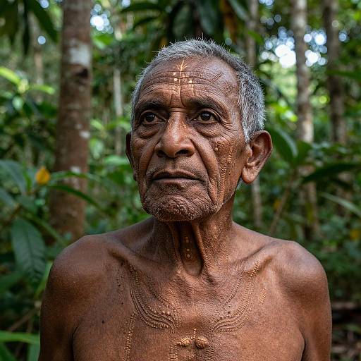 Photograph of an elderly, shirtless man with deep wrinkles, gray hair, and tanned skin, standing in a lush, green jungle.