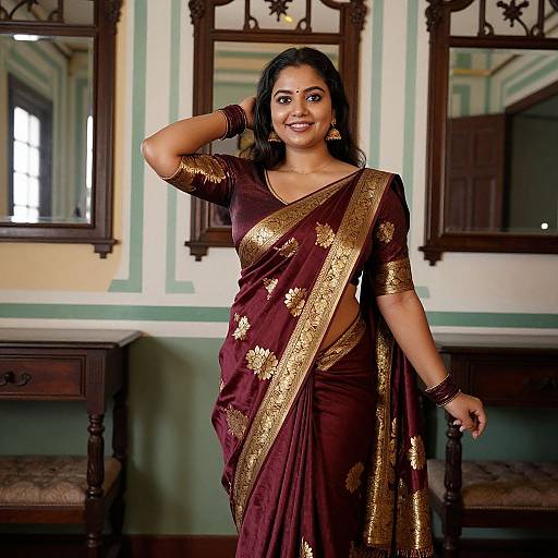 Photograph of a smiling Indian woman in a maroon and gold traditional saree, standing in an elegant room with wooden mirrors.