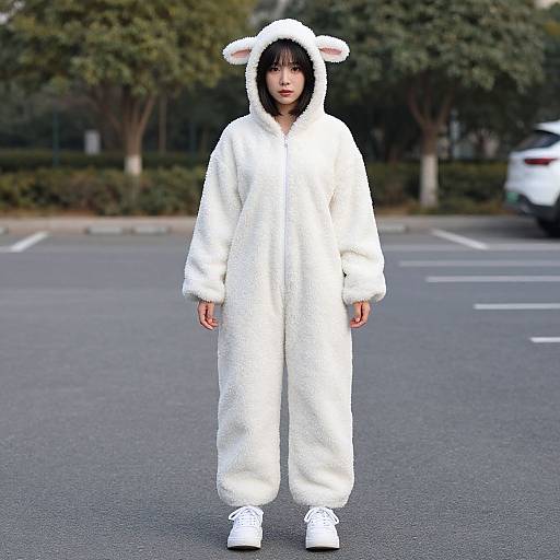 Woman in White Sheep Jumpsuit Costume