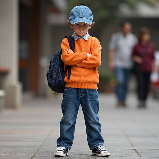 Photograph of a young boy with light skin, wearing an orange sweater, blue jeans, and a blue cap, standing with arms crossed, carrying a