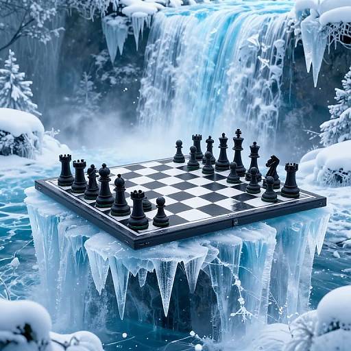 Photograph of a black-and-white chessboard floating on icy water, surrounded by icicles and a cascading waterfall in a snowy landscape.