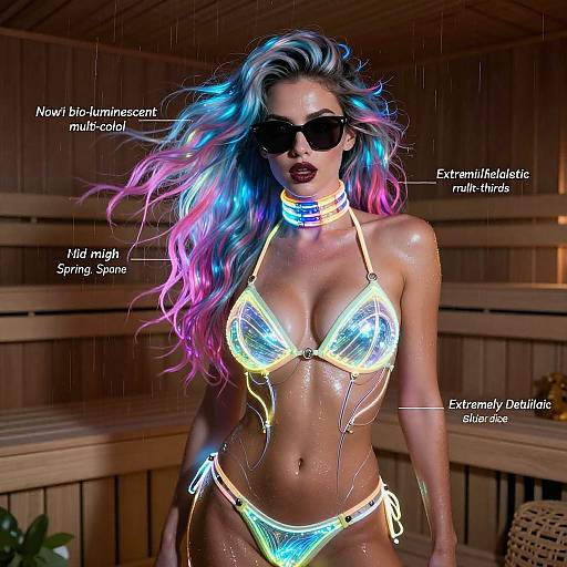 Digital art of a glowing, neon-lit woman in a bikini, with multicolored hair, sunglasses, and wet skin, inside a wooden sauna