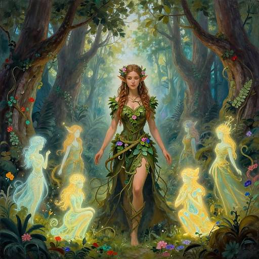 Digital fantasy artwork: Elven woman with brown hair, green leaf dress, flower crown, surrounded by four glowing fairy-like spirits in enchanted forest.