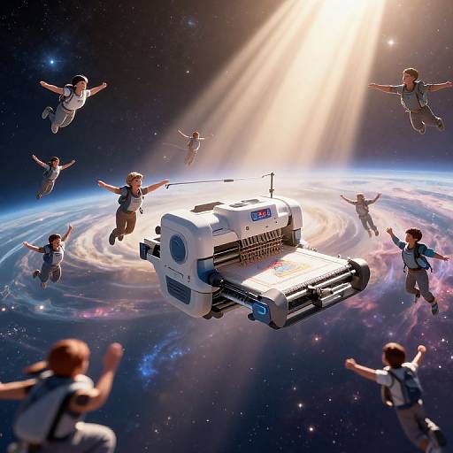 Digital artwork of children in space suits joyfully jumping around a robotic vehicle above a glowing Earth with swirling storm patterns, bathed in radiant sunlight from a
