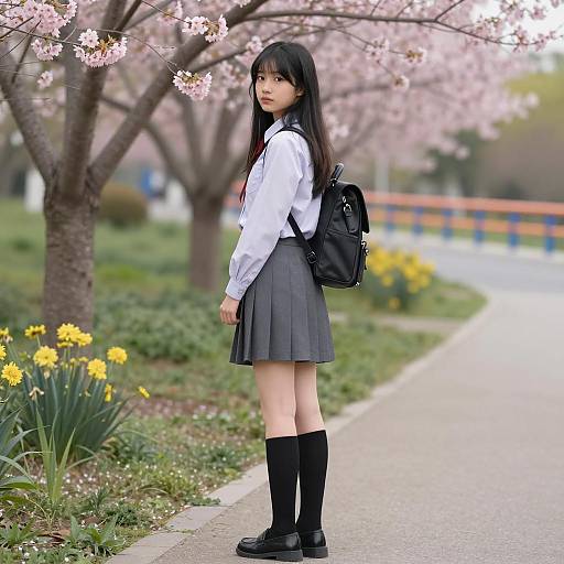 Asian Schoolgirl Among Cherry Blossoms