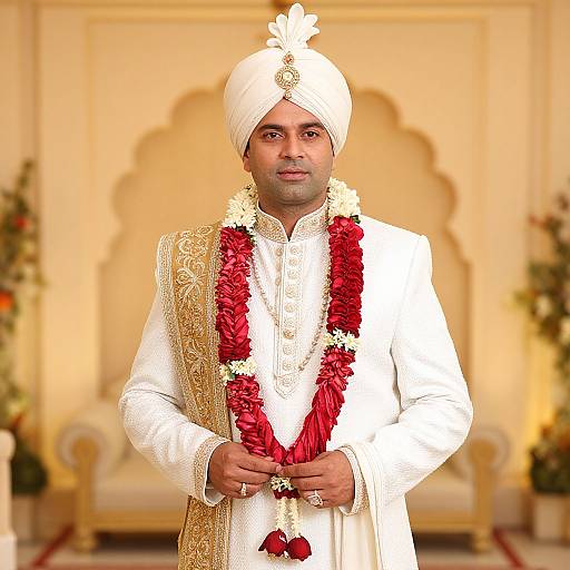 Photograph of an Indian groom in a white traditional outfit, white turban, red and white floral garland, standing in an ornate beige room