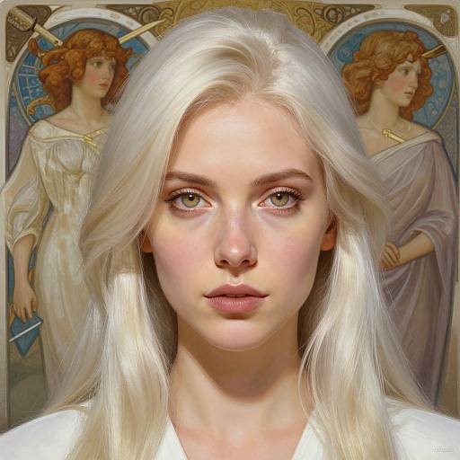 Digital artwork of a pale-skinned, blonde-haired woman with green eyes, centered against a backdrop of two angelic, red-haired women in classical robes
