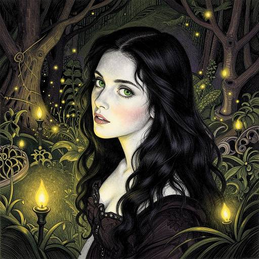 Digital illustration of a pale-skinned woman with long black hair, green eyes, and a black lace top, surrounded by glowing fireflies and candles in
