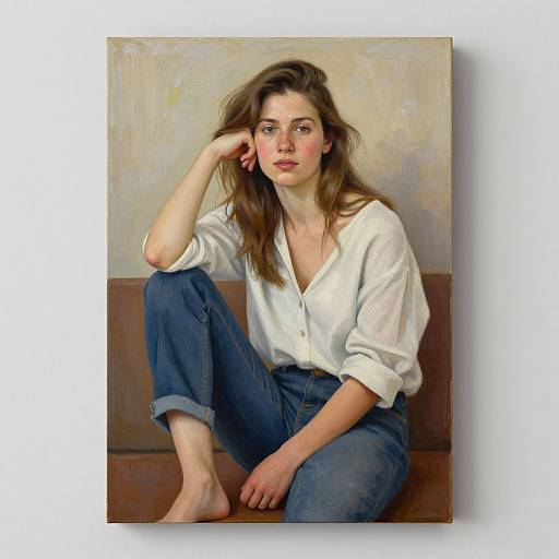 Realistic digital painting of a young woman with long brown hair, wearing a white button-up shirt and blue jeans, sitting barefoot on a brown couch