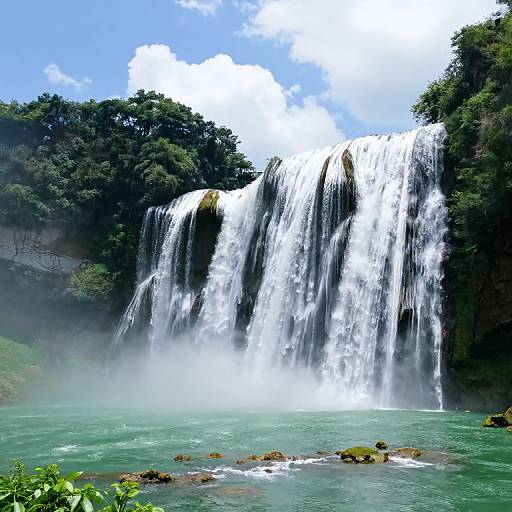 Photograph of a wide, multi-tiered waterfall cascading into a green, misty pool, surrounded by lush, green trees under a bright blue