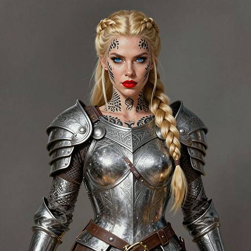 Photorealistic CGI of a fierce, blonde woman in detailed, silver medieval armor with braided hair, black tribal facial markings, and bright red lipstick