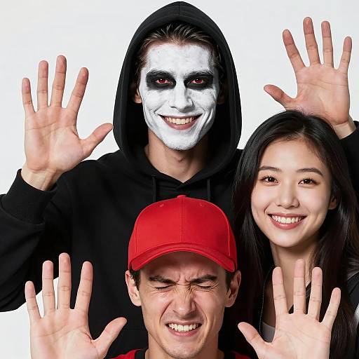 Group of friends with face paint and raised hands