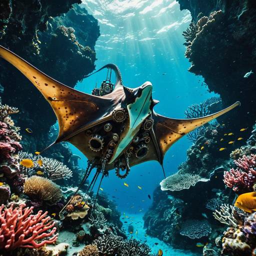 Steampunk Manta Ray in Underwater Canyon