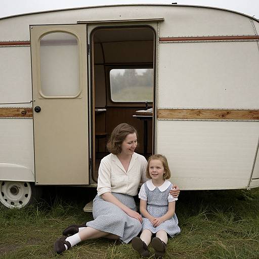 Photograph of a smiling mother and daughter in vintage blue and white dresses, sitting on grass in front of a retro trailer.