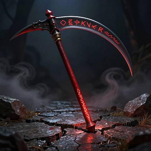 Photograph of a glowing red scythe with runes, standing on a wet, cracked stone path in a dark, misty forest.