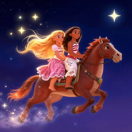 Digital illustration of two girls, one blonde in a pink dress, one brown-haired in a striped top, riding a brown horse under a starry night