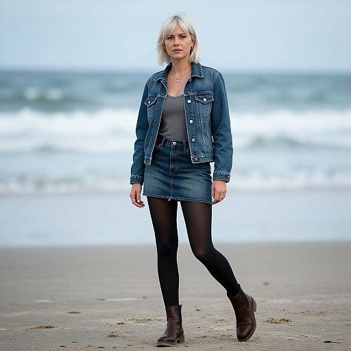 Photograph of a blonde woman in a blue denim jacket, gray top, black skirt, and black tights, walking on a beach with ocean waves