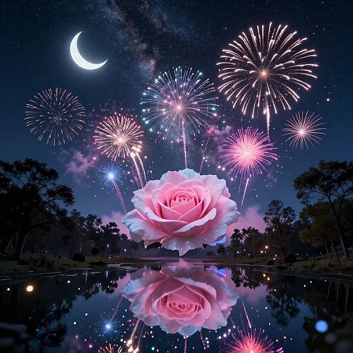 Photograph of a glowing pink rose with reflection in a calm lake, surrounded by vibrant fireworks, a crescent moon, and silhouetted trees
