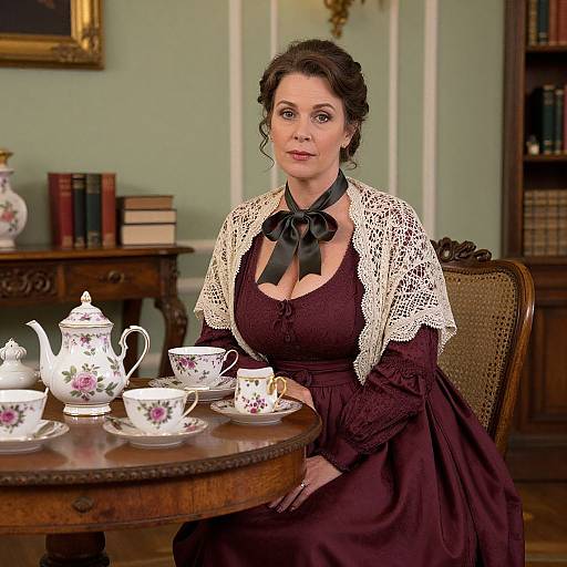 Photograph of a mature woman with dark hair, wearing a Victorian-era maroon dress with lace shawl, seated at a wooden table with floral te