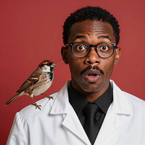 Surprised Scientist with a Bird Companion