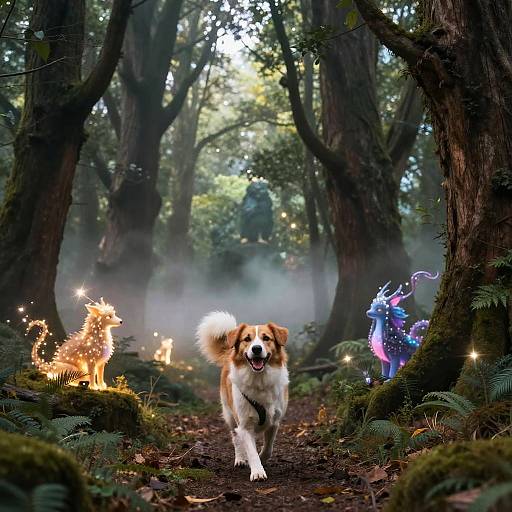 Photograph of a fluffy, brown and white dog running through a misty forest, surrounded by magical, glowing fire and blue dragon-like creatures.