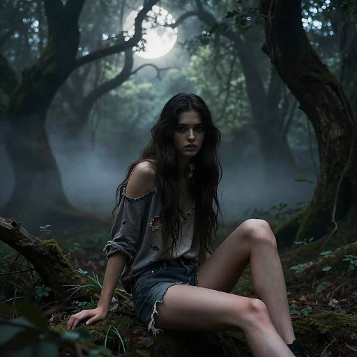 Mysterious woman with long wet hair, off-shoulder shirt, and denim shorts sits on a moss-covered log in a misty, dark forest
