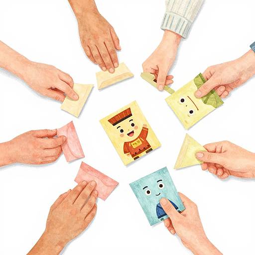 Colorful illustration of hands holding child-like, cartoon-style paper figures with different expressions and clothes, arranged in a circle on a white background.