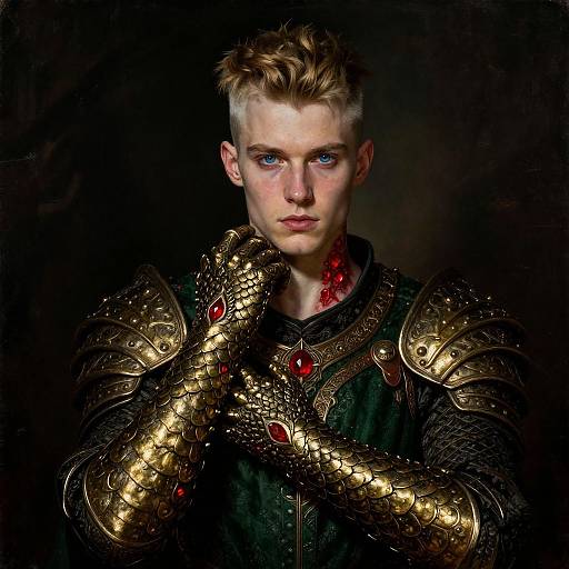Photograph-style digital art of a pale, blonde, blue-eyed warrior with golden, serpent-like armored gloves and red gem accents, set against a dark