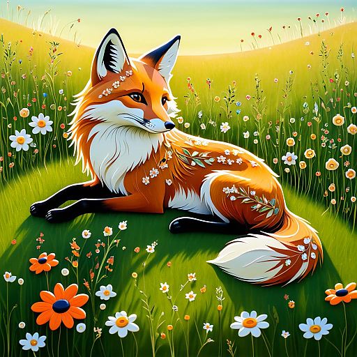 Serene Lowbrow Fox in Wildflower Meadow Serene Lowbrow Fox in Wildflower Meadow
