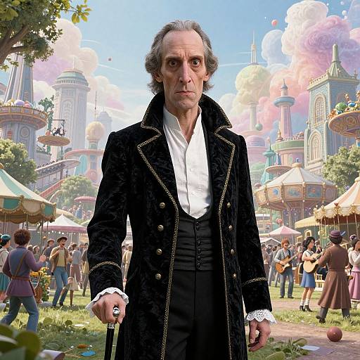 Digitally altered image of an elderly man in a black velvet coat, white shirt, standing in a colorful, bustling fairy-tale market with ornate