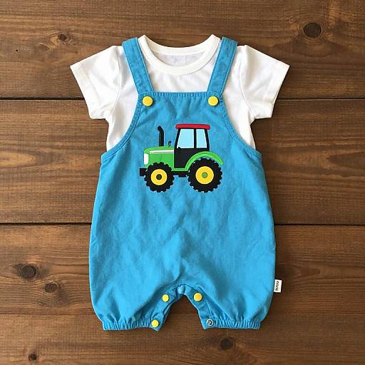 Photograph of blue baby overalls with green tractor graphic, yellow buttons, over a white short-sleeve shirt, on wooden floor.