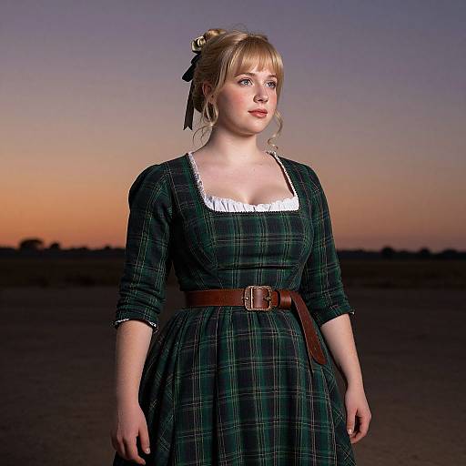 Prairie Woman in Green Plaid Dress