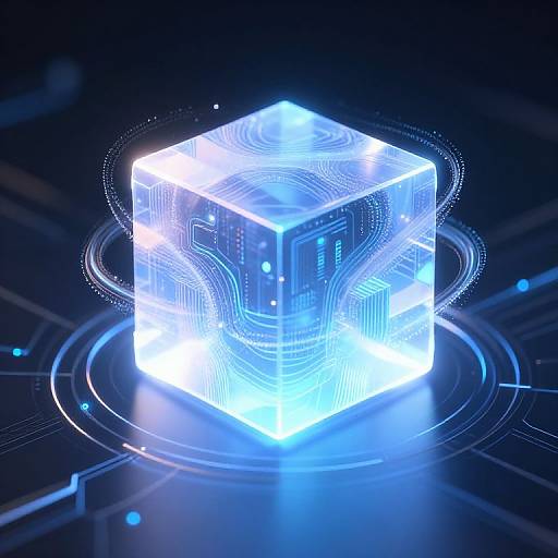Digital CGI image of a glowing, translucent blue cube with circuit patterns, floating in a dark, futuristic background with concentric rings.