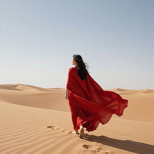 Photograph of a woman with long black hair, wearing a flowing red dress, walking in a vast, sunlit desert with rippling sand dunes