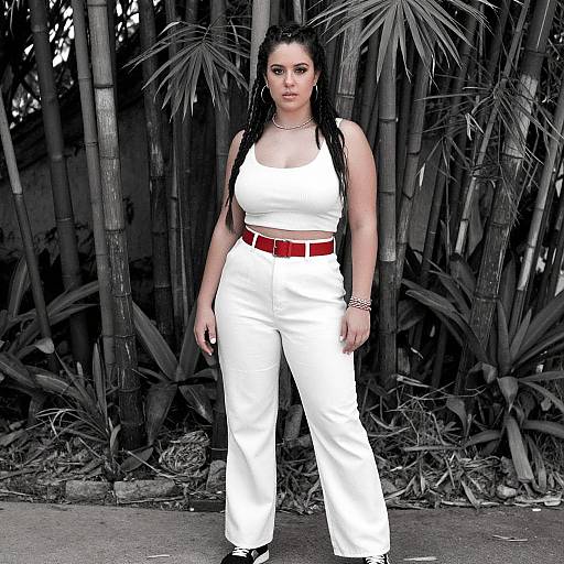 Photograph of a curvy woman with long black hair, wearing a white sleeveless top and high-waisted white pants with a red belt,