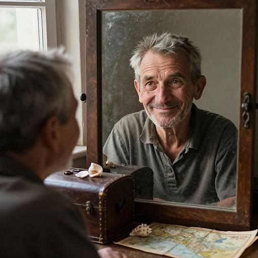 Photograph of an elderly man with gray hair and beard, smiling at his reflection in a rustic wooden mirror, wearing a black polo shirt, with a