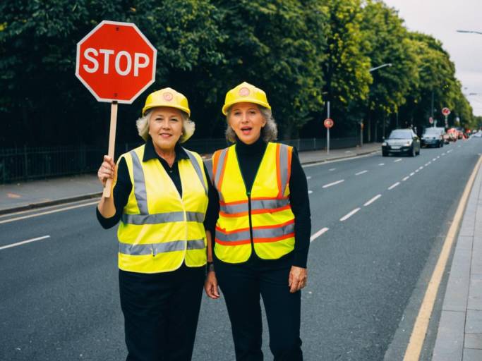 Women Crossing Guard with Stop Sign on Street