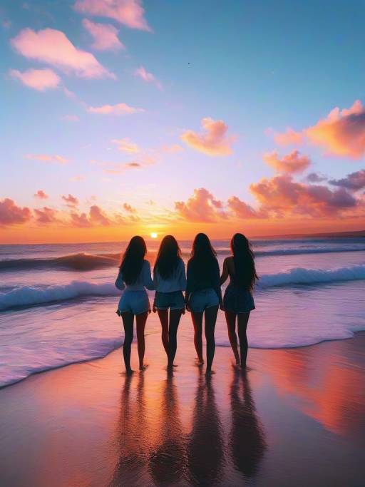 Young women standing on beach at sunset