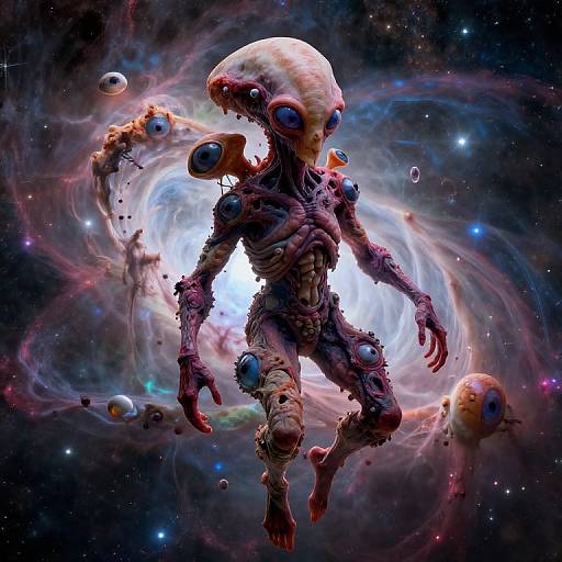 Digital artwork of a grotesque, alien creature with a large, bulbous head, multiple eye sockets, and floating eyeballs, set against a swirling