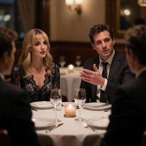 Elegant Dinner Conversation in Dimly Lit Restaurant