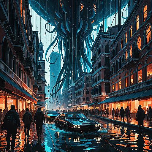 Submerged New Venice under Siege by Bioluminescent Squid